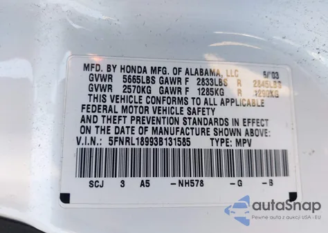 2003 Honda Odyssey Ex-L z USA, uszkodzony, nr VIN 5FNRL18993B131585